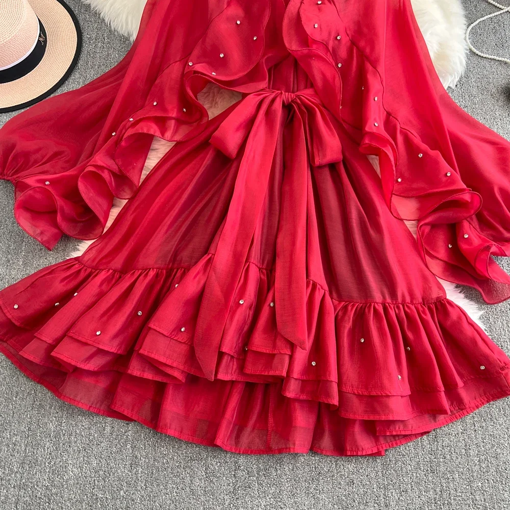 فستان فرنسي أنيق بحافة مكشكشة وأكمام واسعة من الخرز برباط الخصر شيفون متوسط الطول ملابس نسائية فستان عتيق 2025