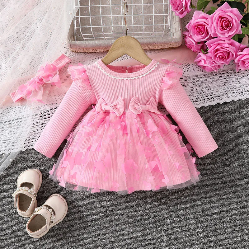 MILANCEL New Autumn Girls Dress 6M-3Y Baby Cute Butterfly Mesh Skirt + Hair Band Infant Sweet Outwear Clothes