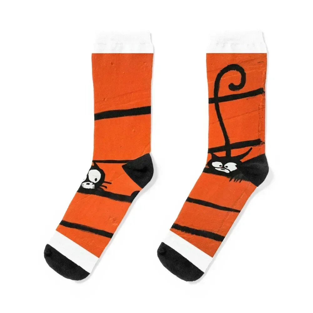 THREE BLACK CATS - between the ORANGE LINES Socks loose sheer retro Socks Ladies Men's