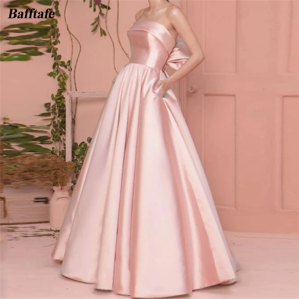 Bafftafe A Line Satin Long Prom Dresses With Pockets Bow Back Floor Length Evening Gowns Special Formal Party Dress Customized