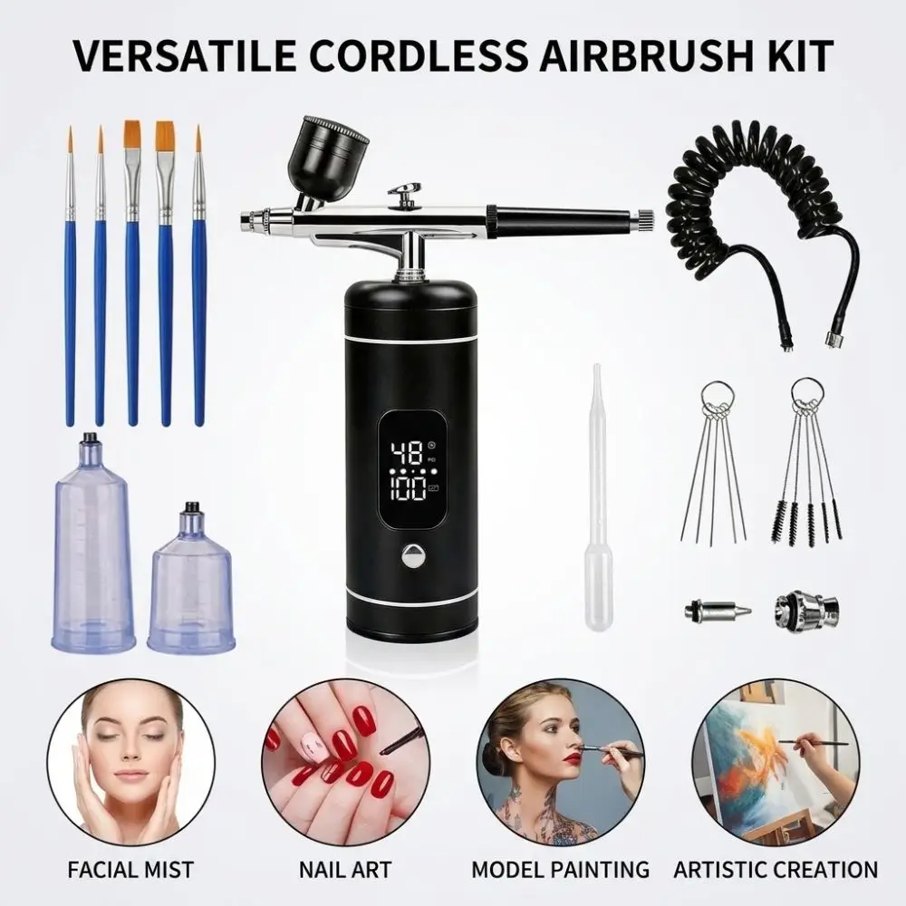 Multifunctional Airbrush Kit with Air Compressor LCD Display Rechargeable Nail Charms Wireless Air Brush Handheld Portable