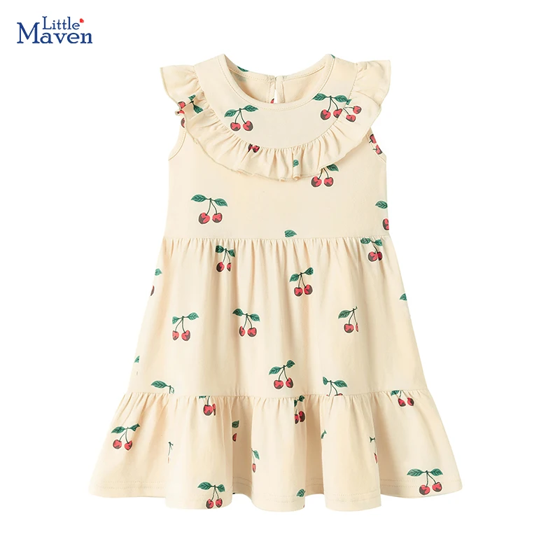 Little maven Children's Clothing Baby Girls 2026 New Summer Casual Kids Clothes Princess Cartoon Cherry Dresses 2-7 Years