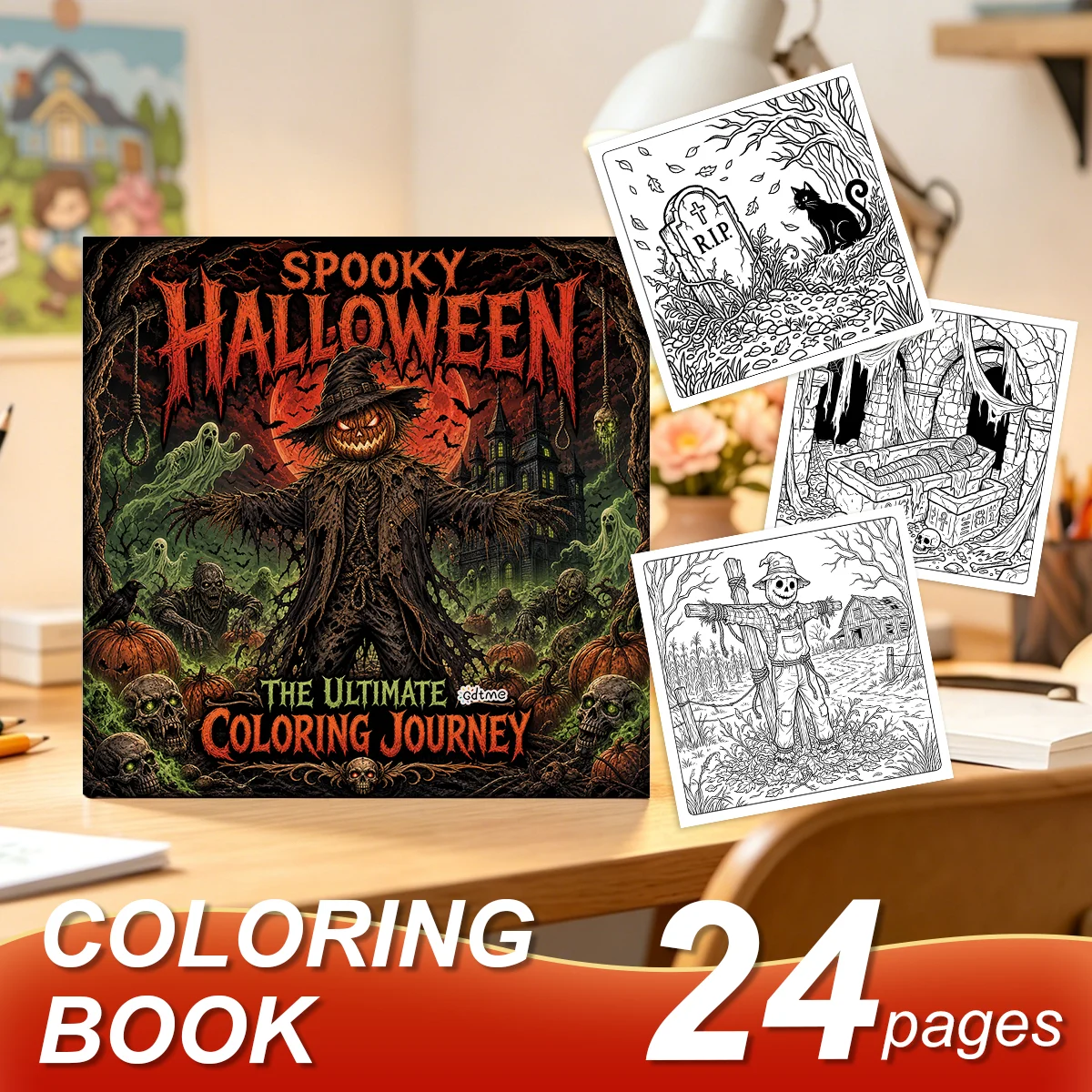 Spooky Halloween Coloring Book for Adults, Scarecrow Ghost Skull Pumpkin Patterns, Stress‑Relaxing Mindfulness Art Activity Book