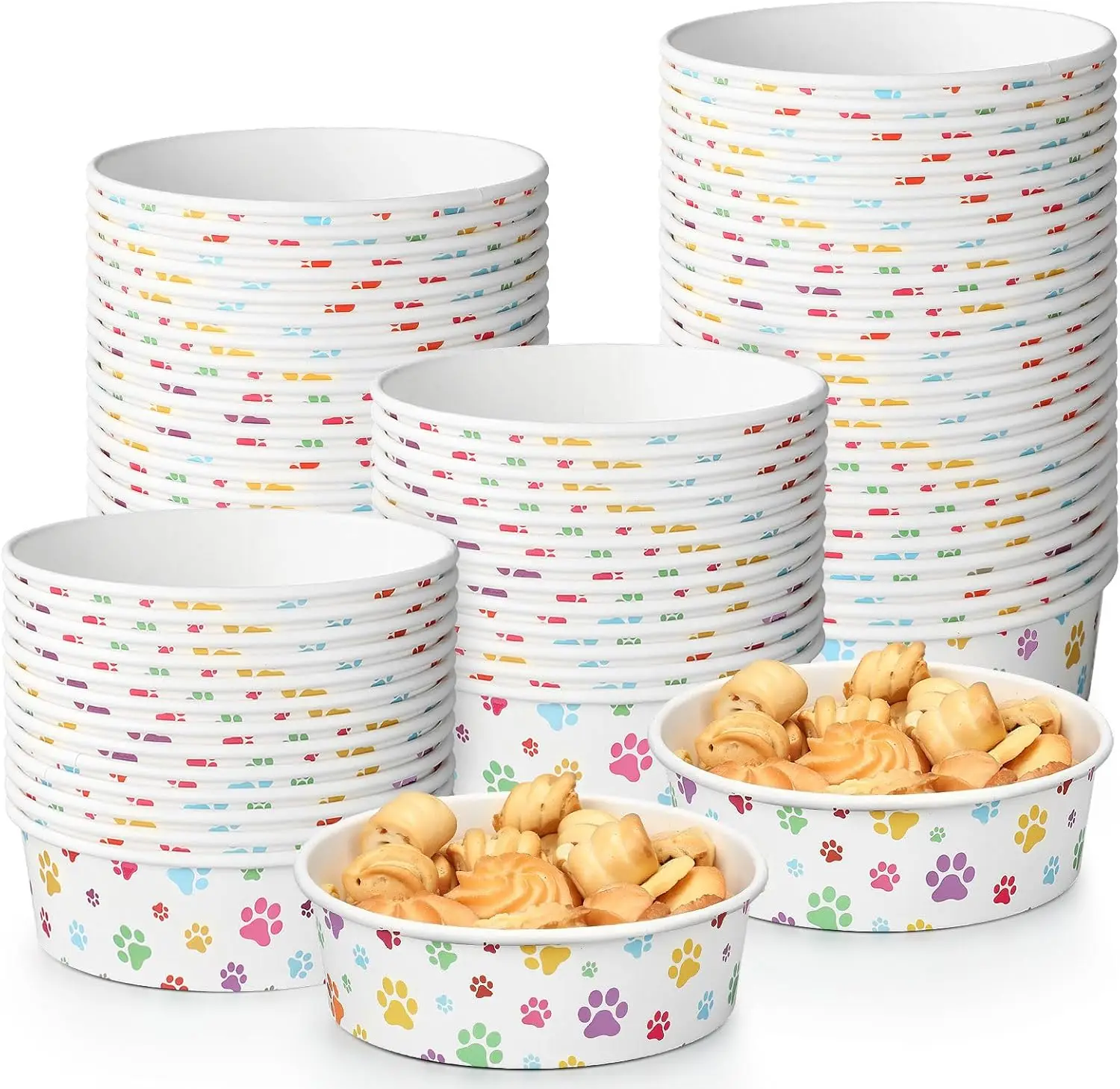 

100 Count 16 oz Pup Cups for Dogs - Bulk Disposable Pet Food Bowls, Colorful Paper Paw Print Ice Cream Cups for Doggie P