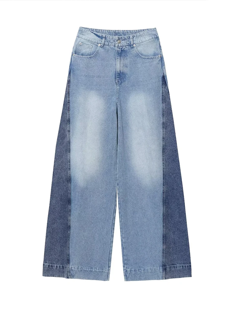 

European style new women's fashion versatile temperament simple color matching wide-leg casual jeans