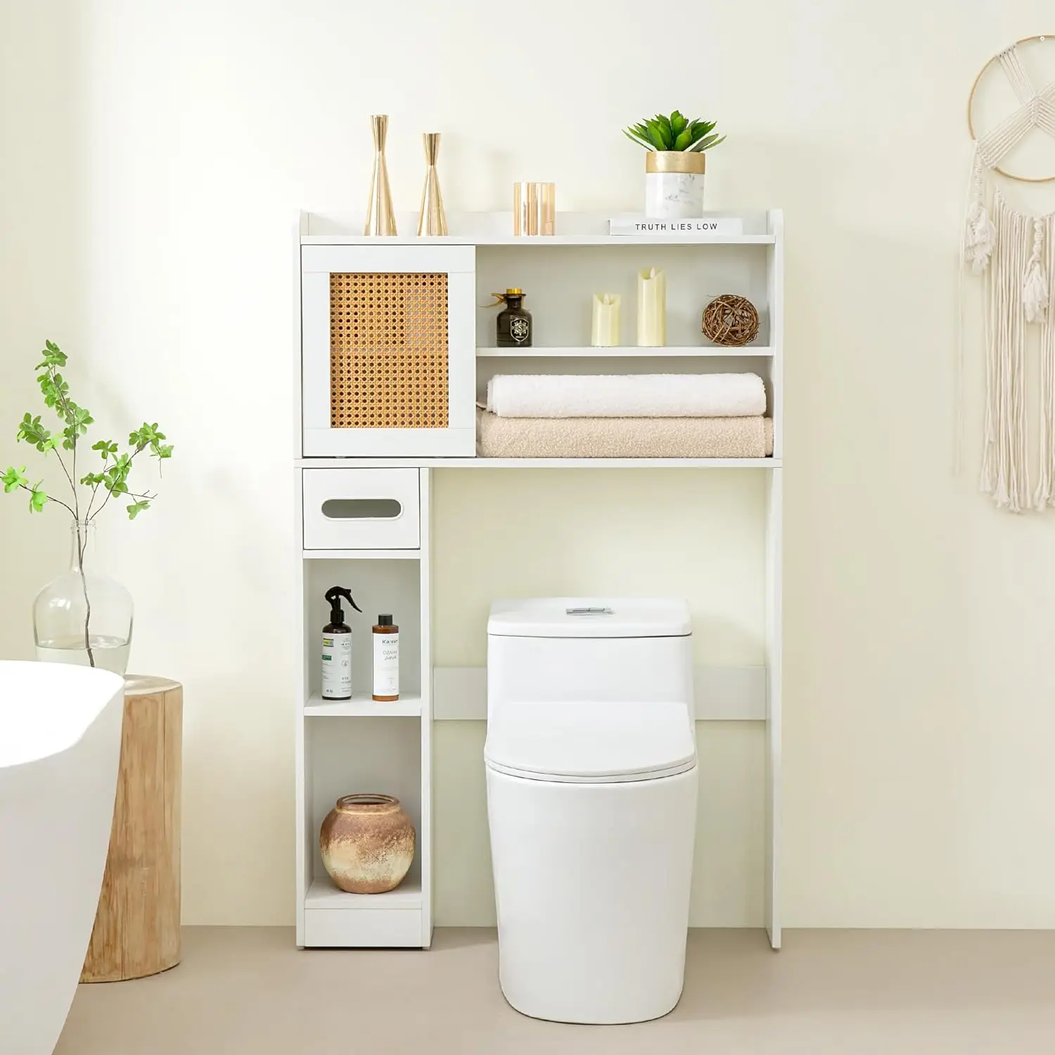 

6Tier Over The Toilet Storage Cabinet, Freestanding Above Toilet Space Saver Rack w/Adjustable Shelves, Sliding Door, Multifunct