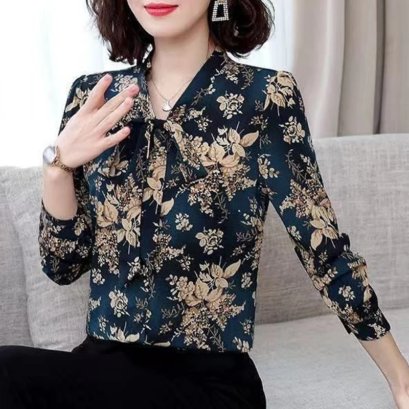 Women V Neck Bow Lace Up Elegant Button Shirts Spring Autumn Fashion Vintage Floral Print Blouses Office Lady Long Sleeve Blusa