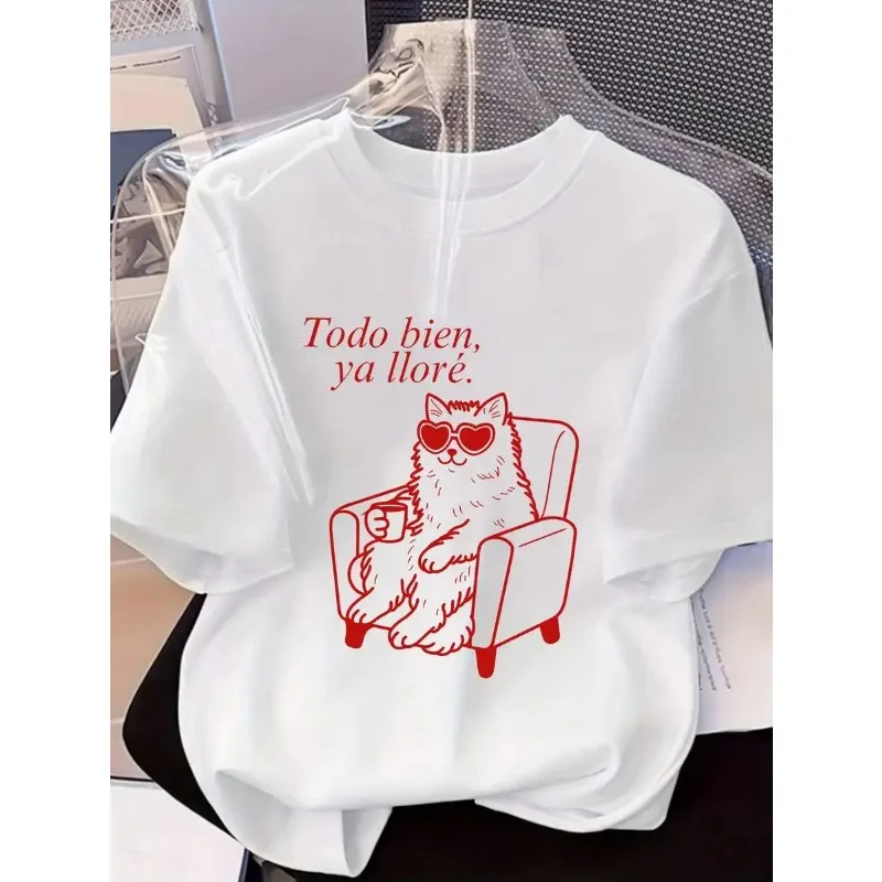 Women Cat Printed Round Neck T-shirt Cute Yet Sad Suitable for Summer Suitable for Cat Lovers Casual Women's Trendy Y2K T-shirt