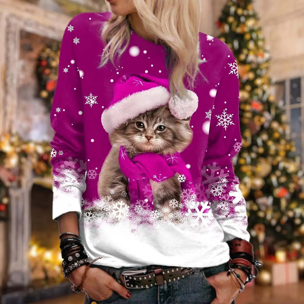 Christmas Women\'s Sweatshirt Cat Sportswear Holiday Print Christmas Casual Round Neck Long Sleeve Top Micro Stretch S-3XL