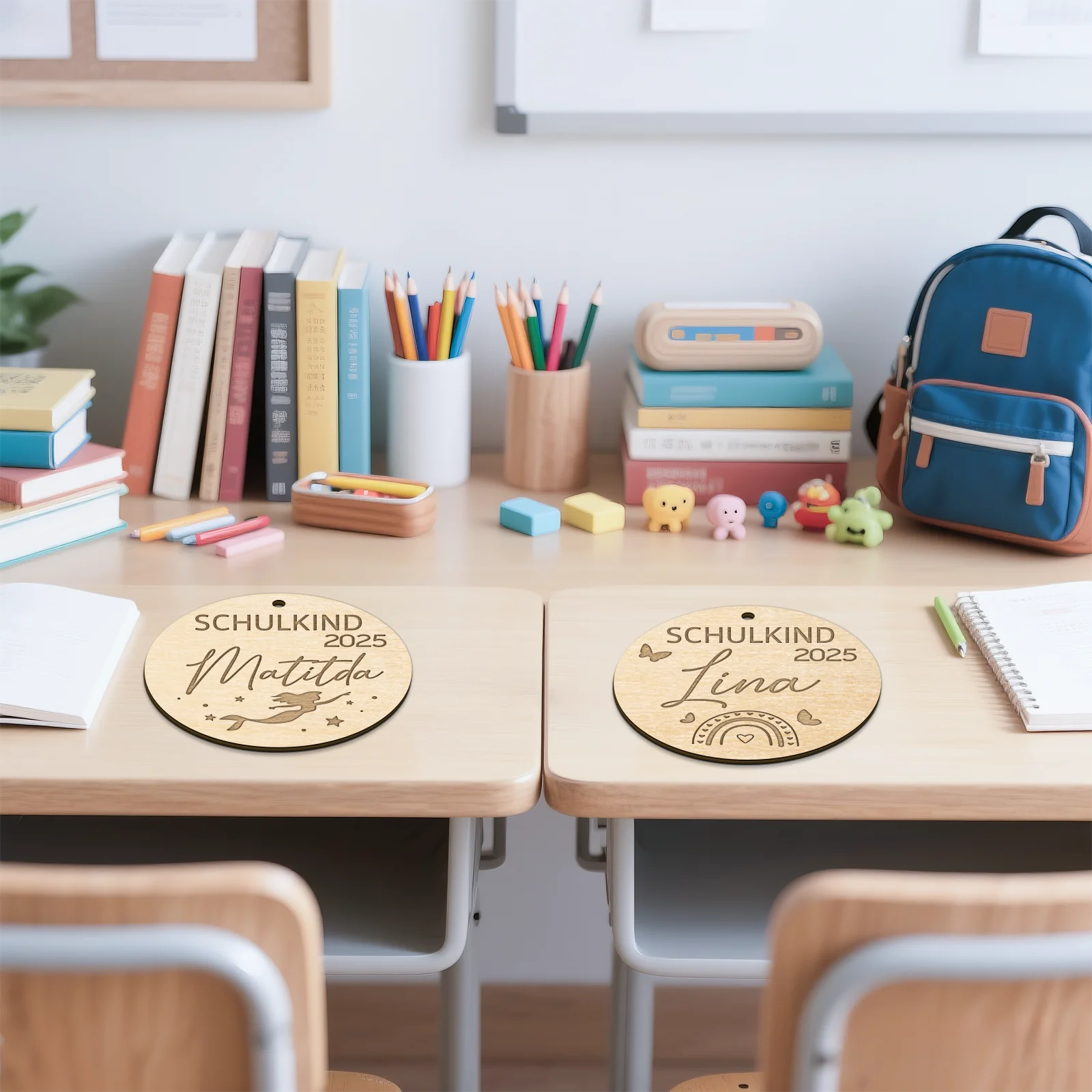 

German School Wooden Tags - 7cm Round SCHULKIND Labels, 4 Designs, Custom Name & Date, 4mm Thick Photo Prop