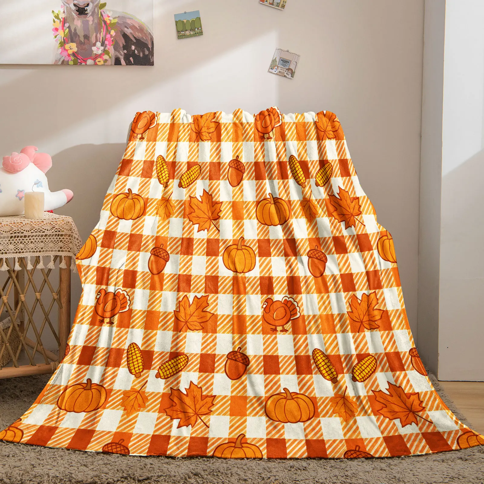Thanksgiving Fall Flannel Throw Blanket Orange Buffalo Plaid with Turkey Pumpkin Maple Leaf Acorn Corn Print Plush Cozy Blanket