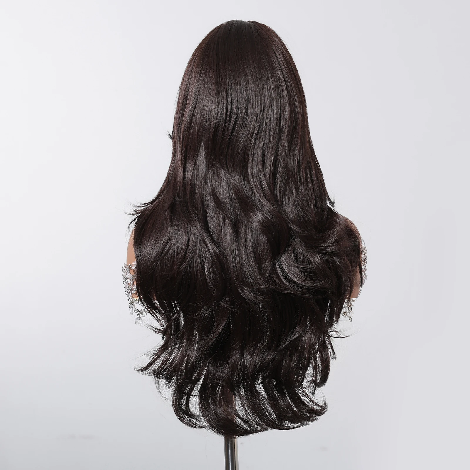 ALAN EATON Black Lace Front Synthetic Wigs Long Natural Wavy Wig with Bangs for Women Daily Party Use Heat Resistant Fiber