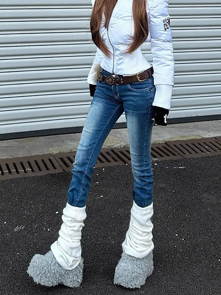 Deeptown Vintage Y2K Wings Embroidery Jeans Women Blue Punk Low Waist Skninny Jeans American Retro Gyaru Streetwear Aesthetic