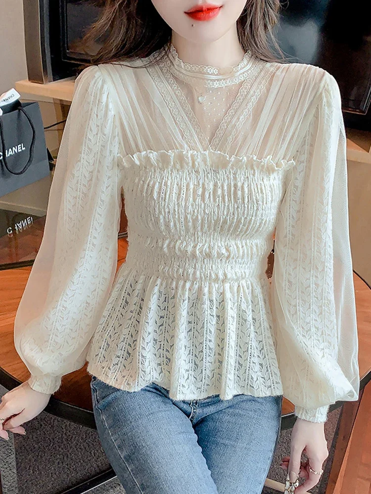 Vintage French Women Shirts Lace Lolita Elegant Long Sleeve Flounce Blouse High Quality Office Lady New Fashion Chic Female Tops