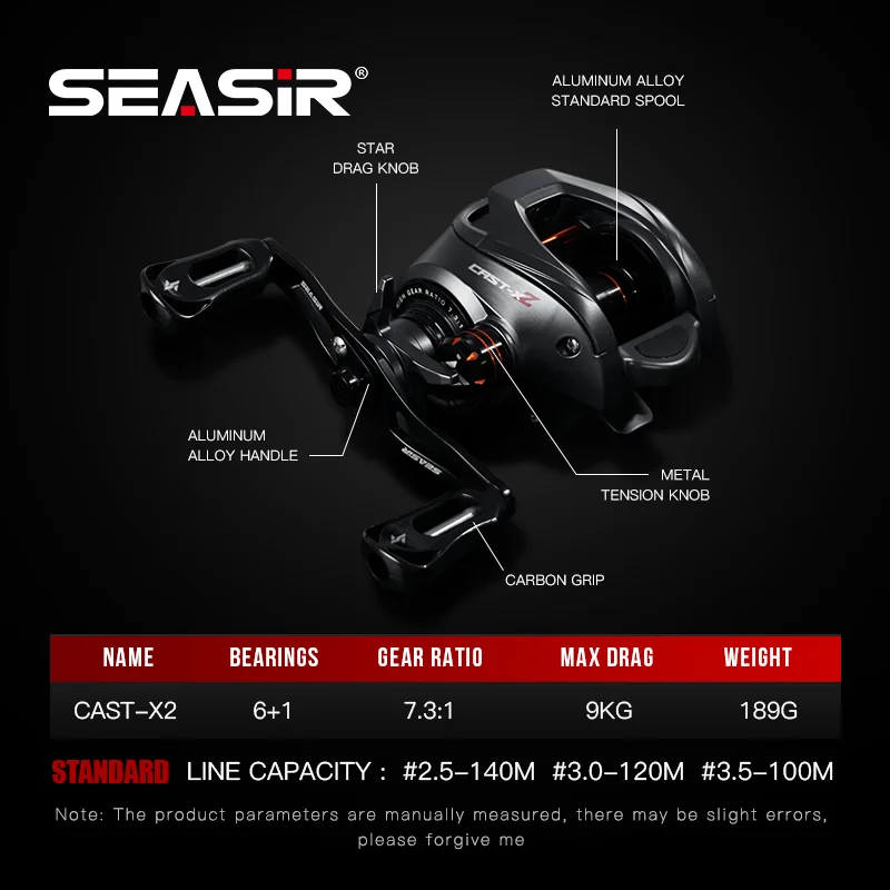 SEASIR Cast-X2 Baitcasting Reel 7.3:1 High Speed Gear Ratio Drag 8.5KG Aluminum Carbon Grip Metal Handle BFS Micro Fishing Reels