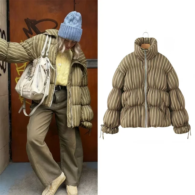 

Women's Cotton Jacket 2025 Winter New Style Khaki Striped Long Sleeve Loose Comfortable Fluffy Warm Cotton Coat Casual Fashion