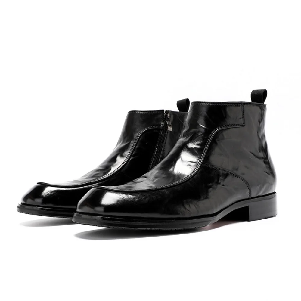 High Grade Handmade Fetlock Cowhide Mens Boots Genuine Leather High Top Zipper Short Boots Hand Grab Texture