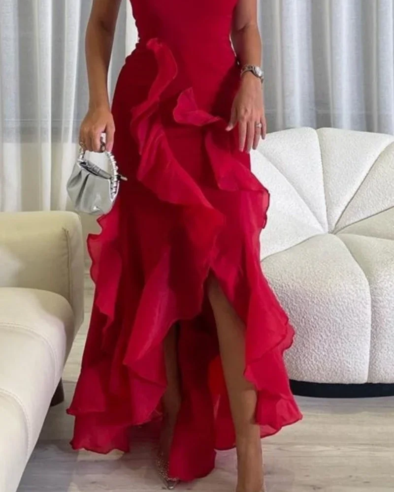 Maßgeschneiderte Ballkleider, elegant, modisch, O-Ausschnitt, hoch niedrig, Meerjungfrau-Partykleid, ärmellos, bodenlang, gerüscht, formelle Anlässe