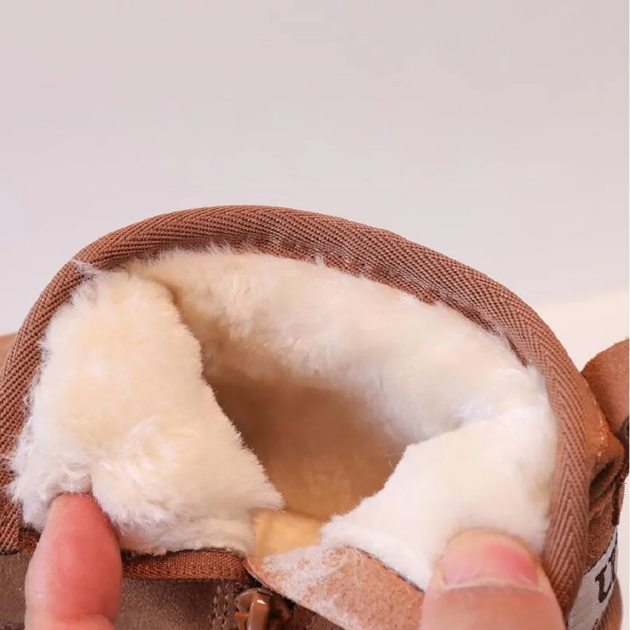 Bottes de neige en cuir véritable pour enfants, optique en peluche, courtes, chaudes, décontractées, coton, bébés, filles, garçons, mode d'hiver, nouveau, 22-3