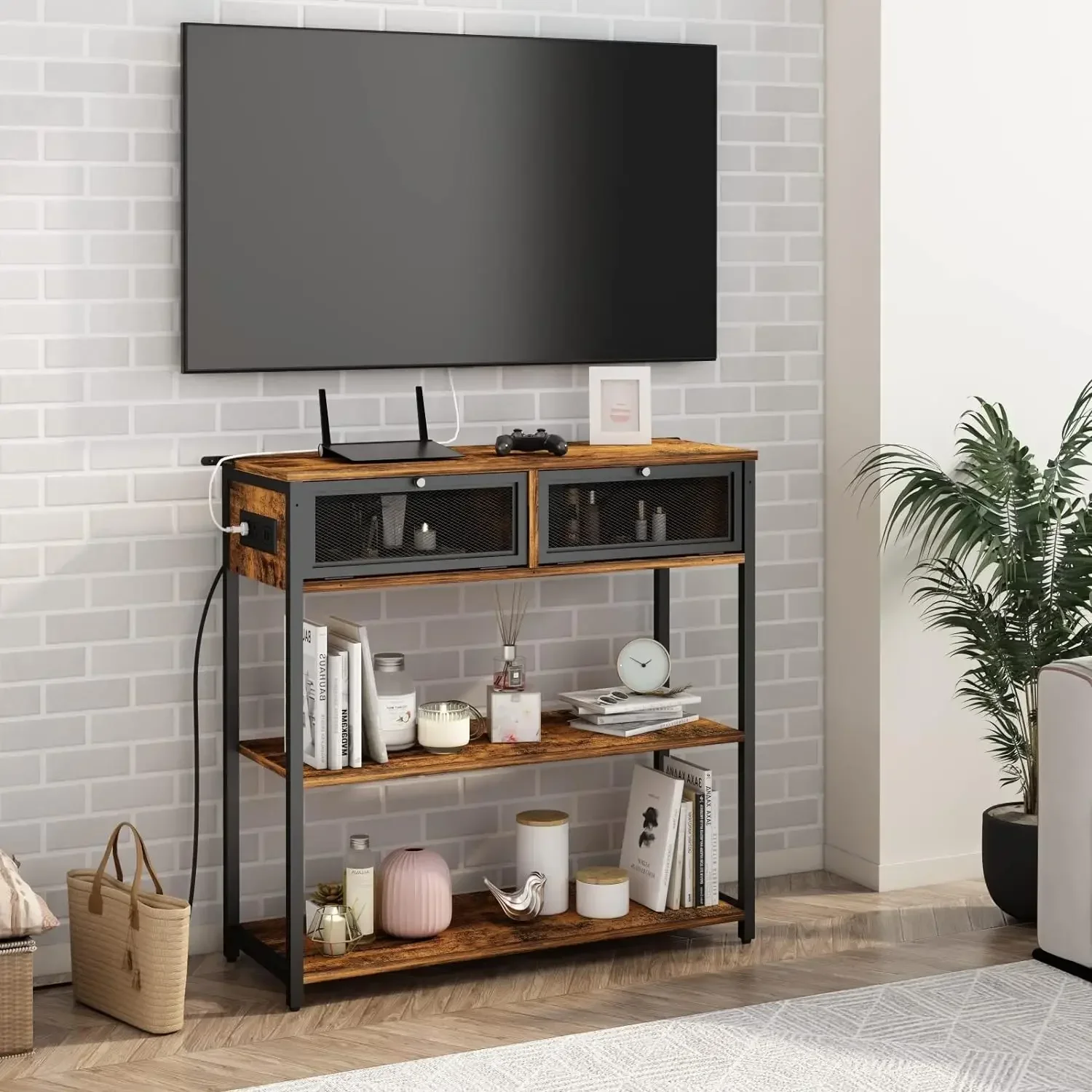 Console Table with Charging Station Sofa Table Narrow Long with 3 Tiers Open Wood Storage Shelves, for Living Room, Foyer