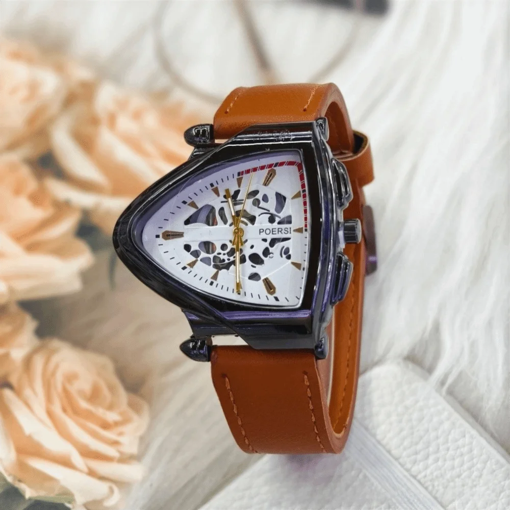 

New Leather Strap Triangular Hollow Watch Simple Casual Mechanical Watch Quartz Wrist Watch Men