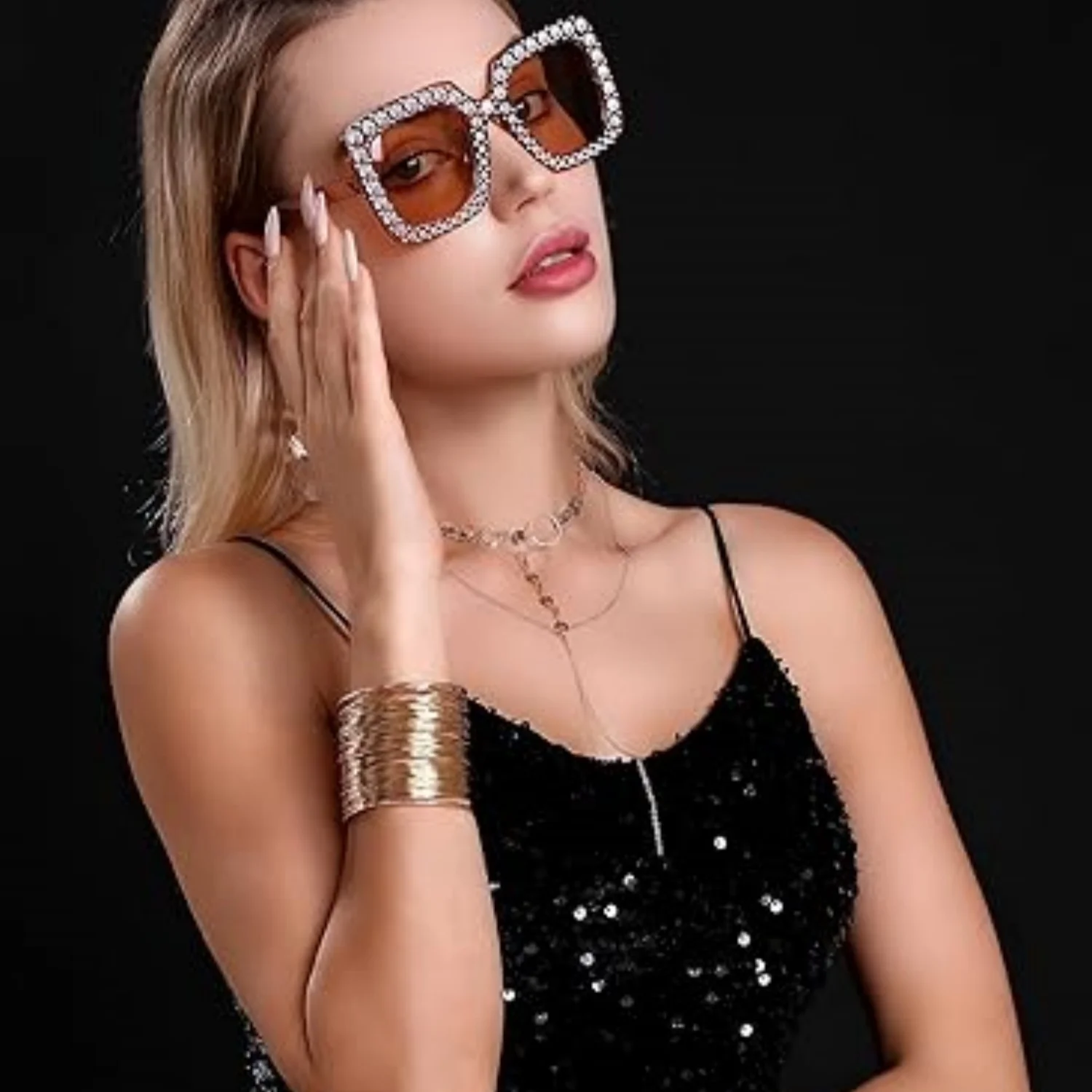 LaVenty Gold Disco Party Outfit 70s Disco Accessories Women Costume Disco Earrings Sequin Necklace Sunglasses Rhinestone