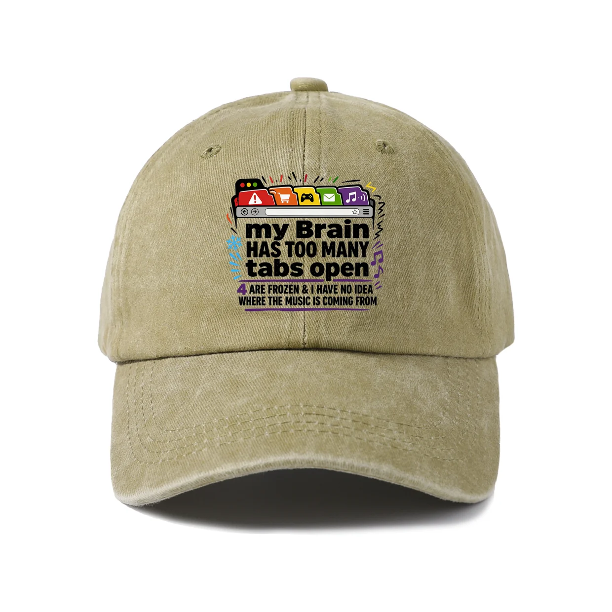My Brain Has Too Many Tabs Open Graphic Vintage Washed Baseball Cap, Adjustable Unisex Dad Hat, Weekend Gift