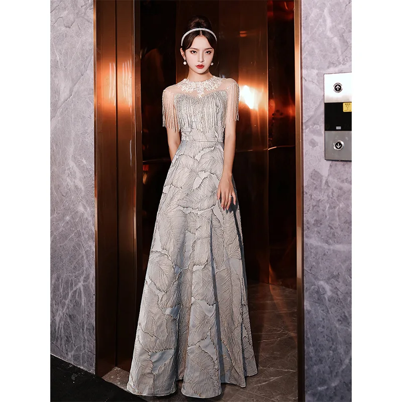 Elegant Women Evening Dress Tassel O-Neck Illusion Banquet Host Vestido Floor-Length Temperament Party Dresses