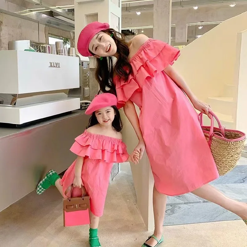 

Boat-Neck Mother Daughter Matching Dresses Family Look Ruffled Mommy and Me Clothes Fashion Women Girls Cotton Dress Summer 2024