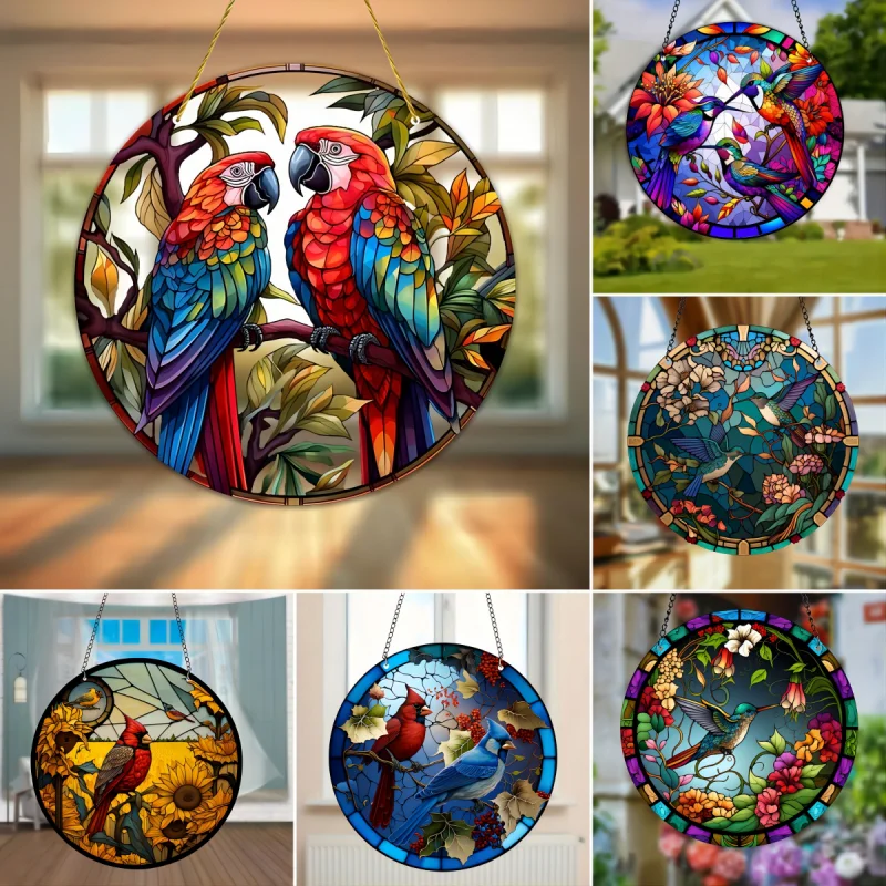 Birds Series Stained Window Suncatcher Home Room Decor Parrot Hummingbird Acrylic Wall Hanging Pendant Porch Garden Ornament DIY