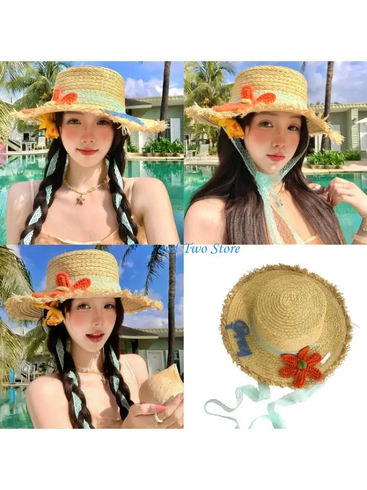 HX6F Fashionable Wide Brims Straw Hat For Women Flower Decor Summer Beach Essential Perfect For Picnic and Daily Use