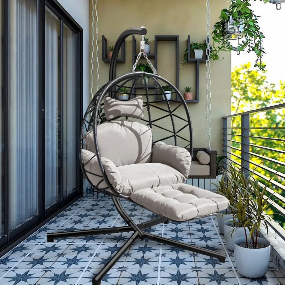 

Indoor Outdoor Hanging Egg Chair with Stand & Leg Rest – Heavy-Duty Steel Frame, Handwoven Rattan Swing Chair for Patio, Garden,