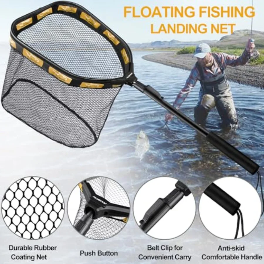 Floating Fishing Net for Steelhead, Salmon, Fly, Kayak, Catfish, Bass, Trout Fishing, Rubber Coated Foldable Landing Net with F