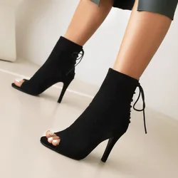 2023 neue Mode Frauen schwarz High Heels weibliche Schuhe Ballsaal Wildleder Sohle anpassbare sexy Stilettos Stiefeletten