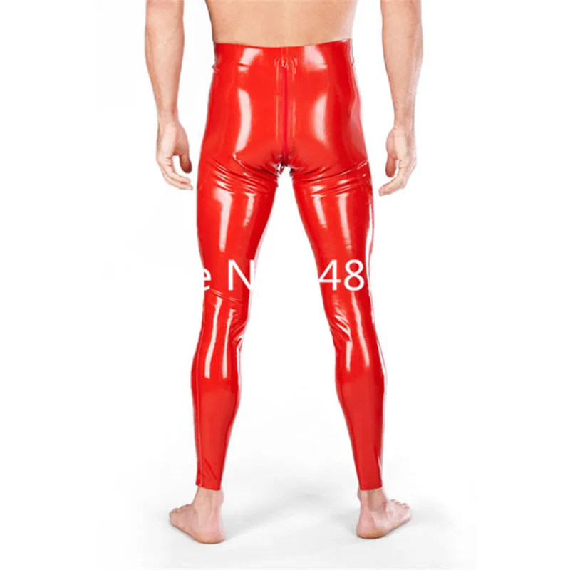 Red Hand Made Latex Leggings With Through Crotch Zipper Latex Tight Trousers Pants for Man