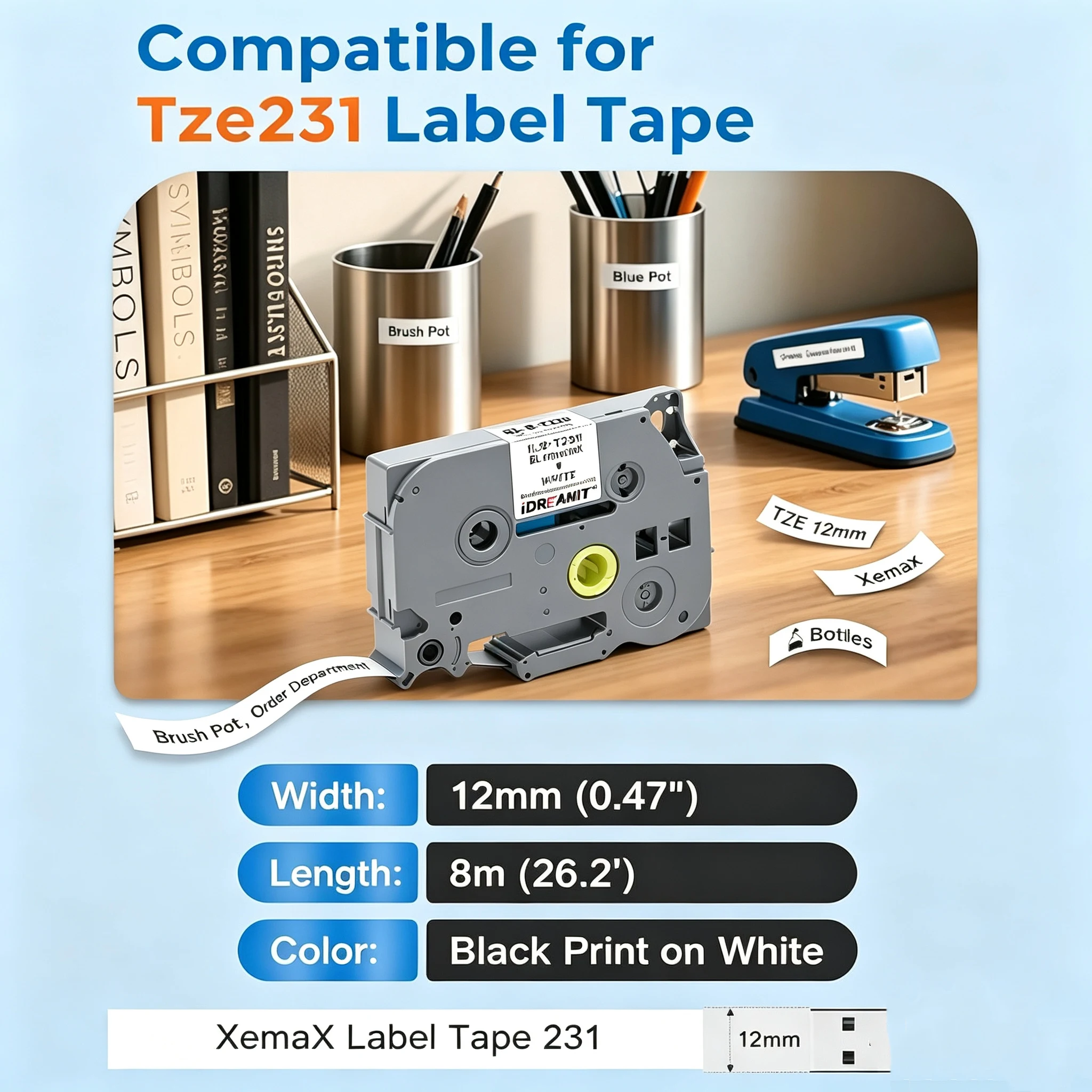 6-Pack Multi-Color 12mm Label Tape Compatible with Brother TZe 131 231 431 531 631 335, Laminated Tapes for P-Touch PT-H110 H100 D210 D220 D400 (White/Clear/Black/Yellow/Blue/Red)