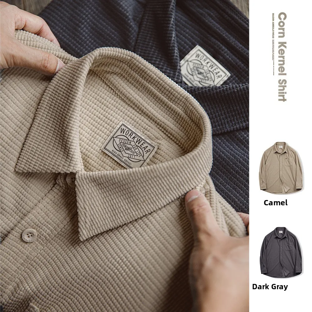 

Maden Plaid Long Sve Casual irt Men's Pure Color Collar Vintage American Workwear Loose Fit Autumn Season Stand Edition