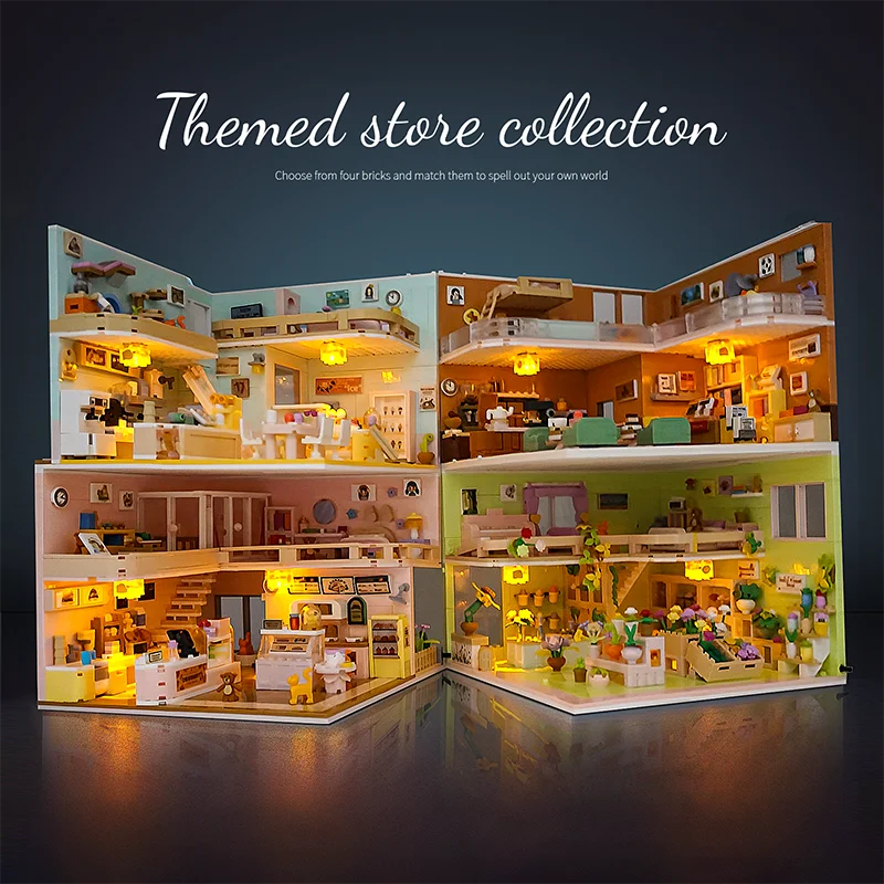 TUNJILOOL 1200 ชิ้น + LED City Street View House Building Blocks ดอกไม้ร้านกาแฟบล็อก DIY Mini Micro อิฐของเล่นสําหรับเด็ก