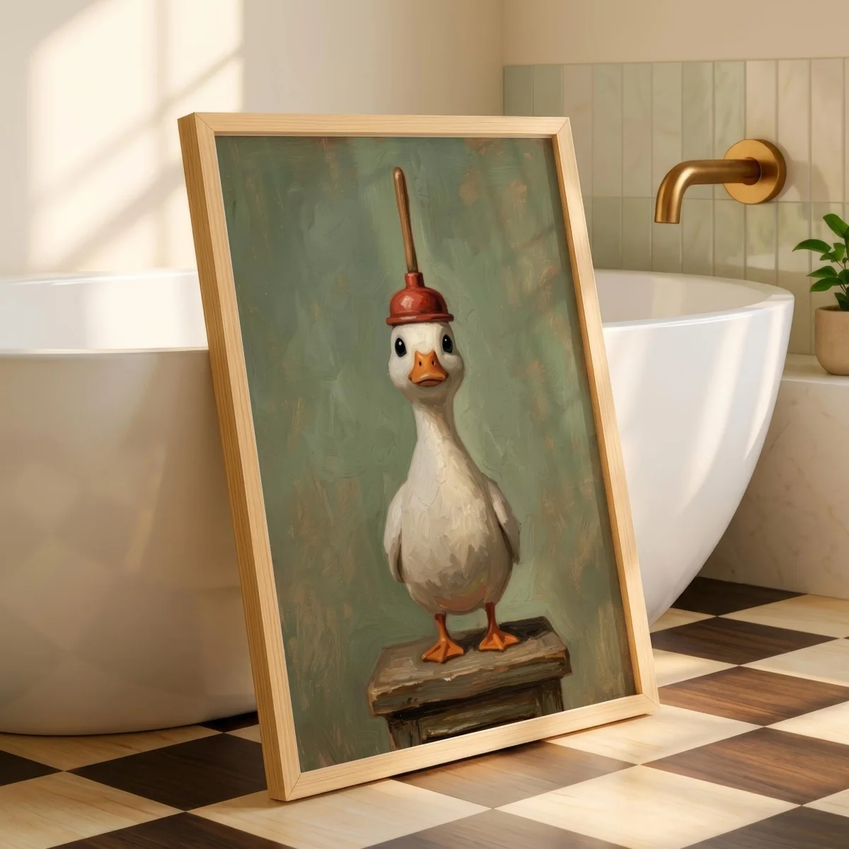 1pc frameless Canvas Painting Whimsical White Duck with Red Plunger Canvas Prints Poster Funny Quirky Animal Art Prints Bathroom