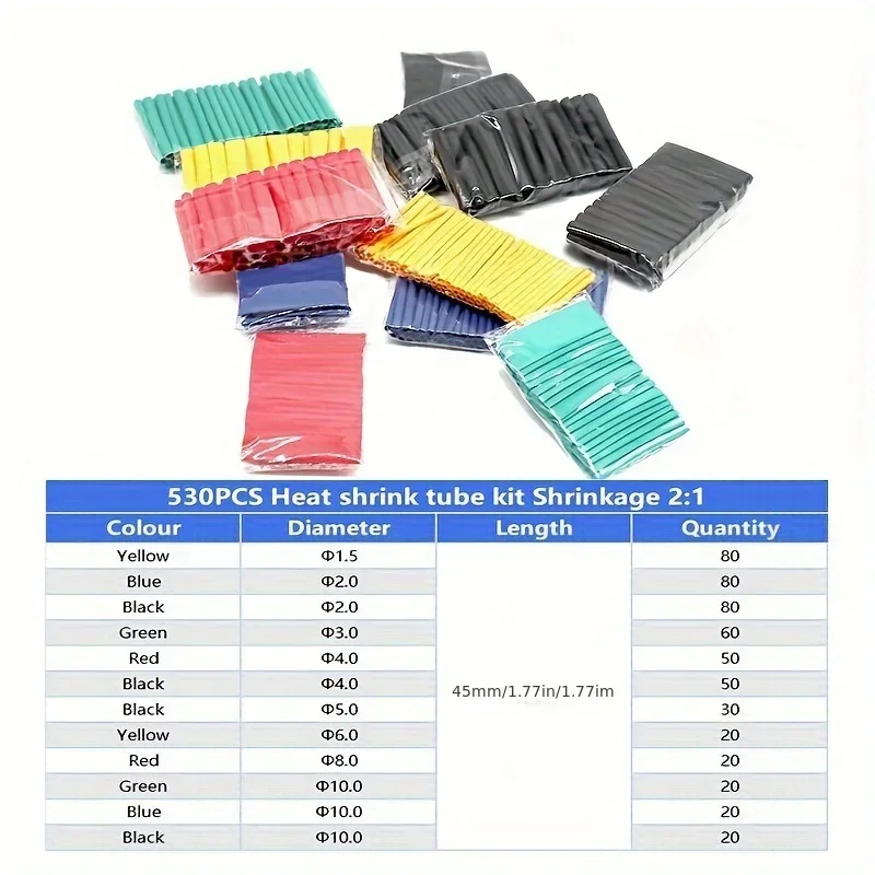 530pcs Heat Shrink Thermoresistant Heat Shrink Tube Kit Electrical Connection Cable Insulation Sleeves Heat Shrink Wrapping Kit