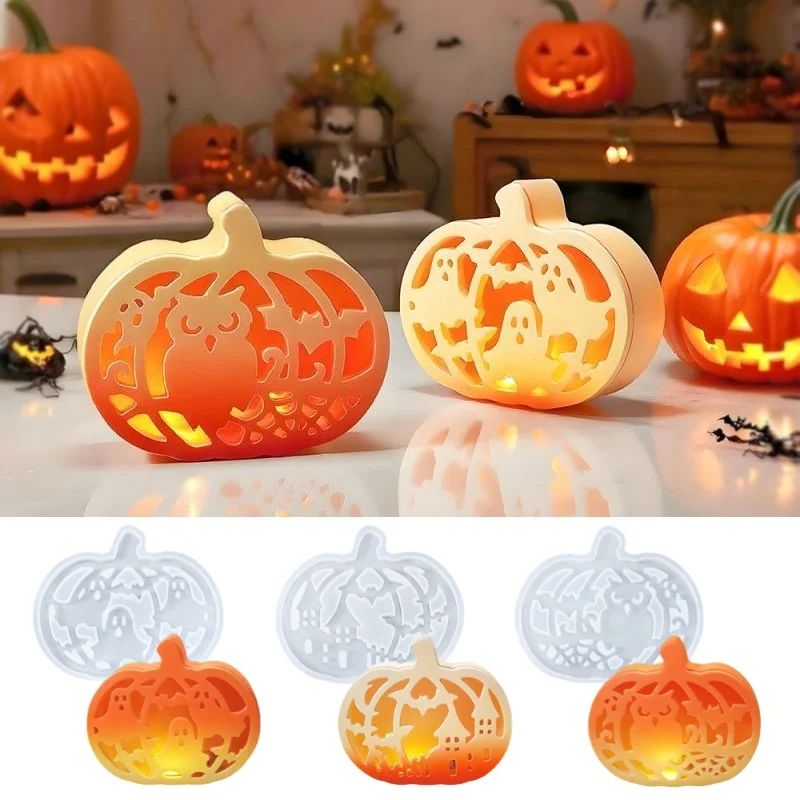 Ghost House Owl Lamp Silhouette Mold DIY Halloween Pumpkin Storage Box Resin Molds LED Night Light Making Plsater Silicone Mould