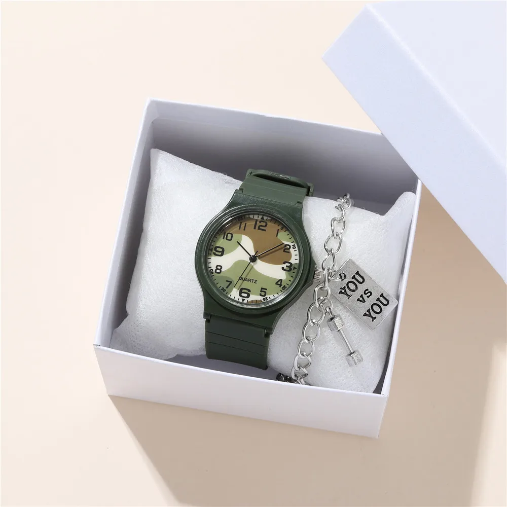 2pcs/set Fashion Camouflage Band Quartz Boys and Girls Students Wrist Watch
