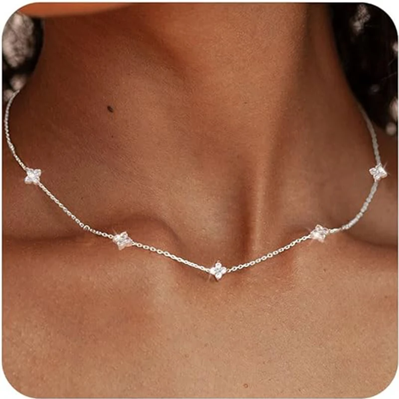 

925 Silver Plated Four-leaf Flower Zircon Chain Necklace for Women Luxury Collar Charm Clover Necklaces 2025 Trend Jewelry
