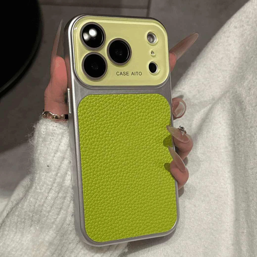 Luxuriöses Litschi-Leder Großfenster-Hülle für iPhone 17 16 15 Pro Max 14 Plus 13 in Bonbonfarben mit Kamera-Schutzfolie Stoßfeste Abdeckung
