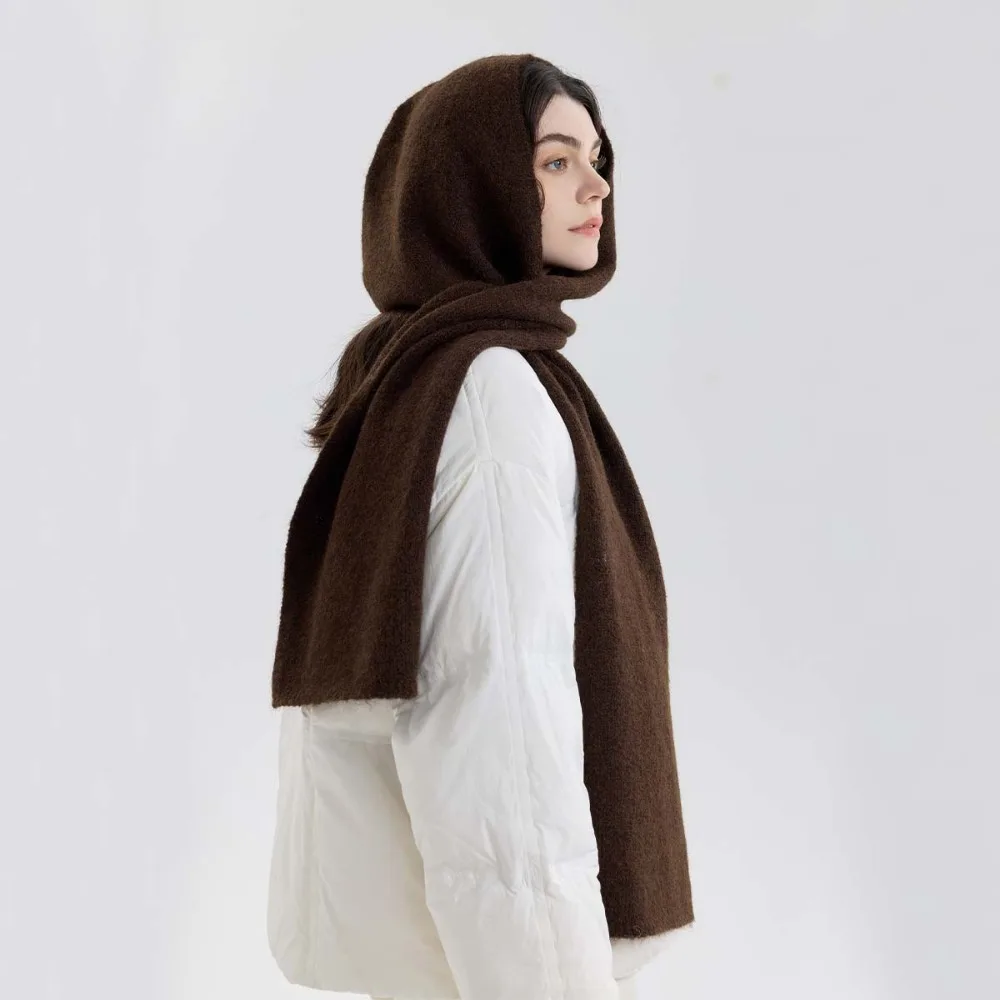 

Versatile Solid Color Hooded Scarf One-piece Thickened Knitted Hat Soft Windproof Scarf Cold Weather