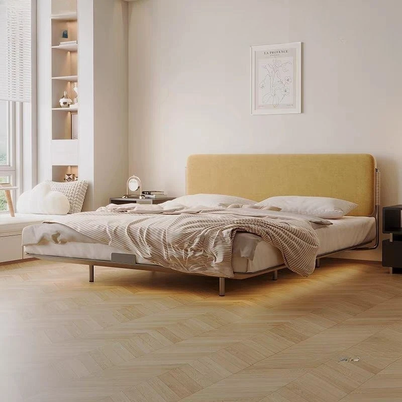 

Современная простая тканевая кровать, средняя кровать из углеродистой стали в антикварном стиле, двуспальная кровать для главной спальни, кровать-татами без изголовья для малогабаритной квартиры