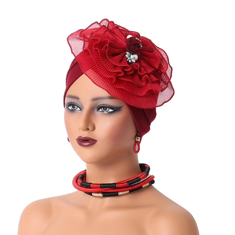 Lastest Flower Turban Bonnet for Women Muslim Hijab Headscarf Chemo Caps Wedding Party Headwear Turbante Mujer African Headtie