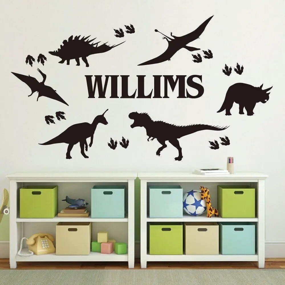 Personalized Dinosaur Foot Print Name Wall Sticker Boy Room Kids Room Custom Name Dino T Rex Wall Decal Vinyl Art