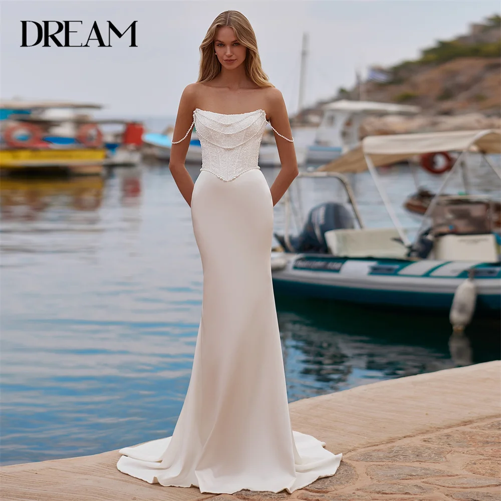 

DREAM Modern Lace A-Line Wedding Dresses Women Boat-Neck Open Back Beading Sleeveless Bridal Gown Vestidos De Noiva Customized