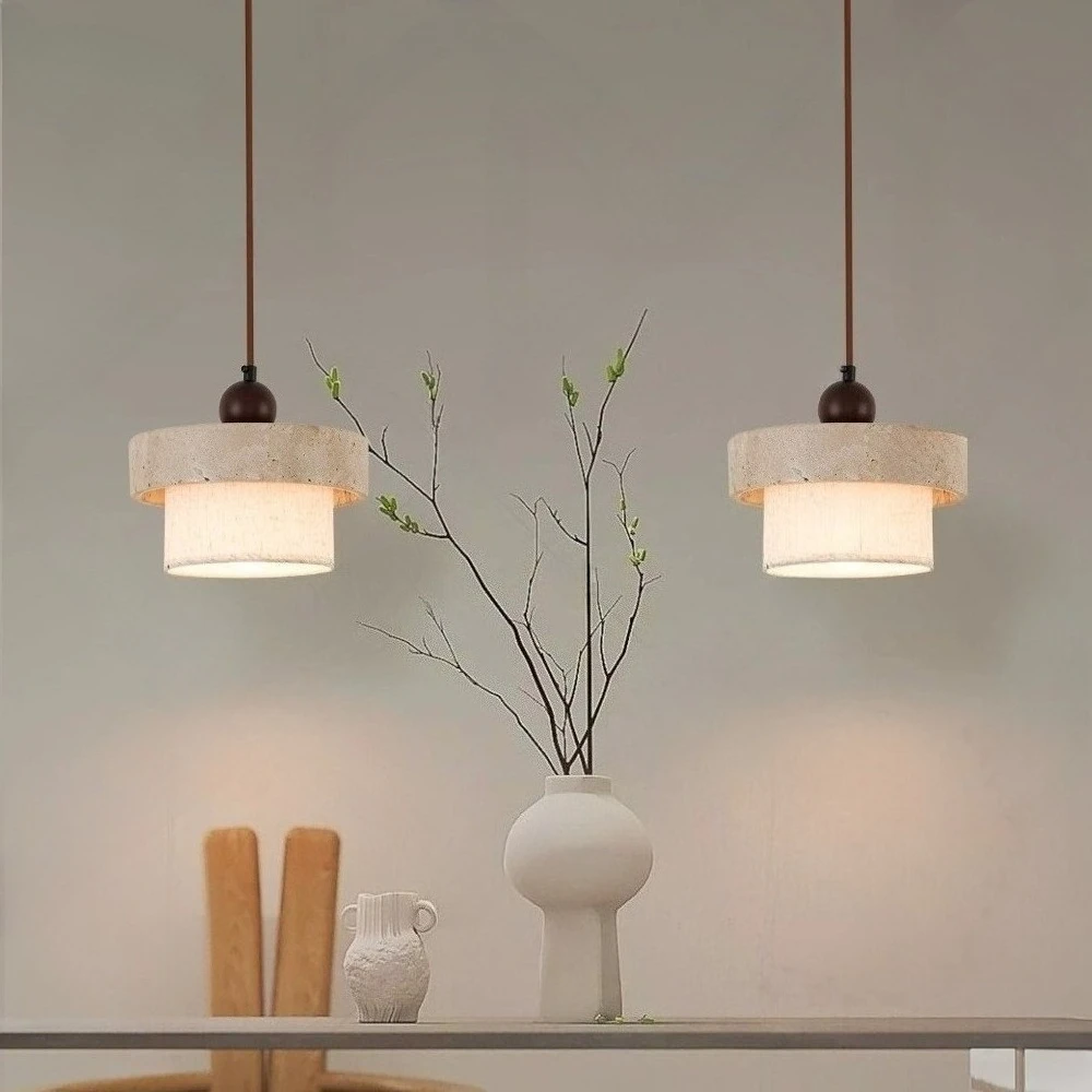 Wabi Sabi Natural Travertine Stone LED Pendant Light Nordic Retro for Living Room, Bedroom